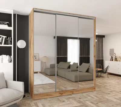 Produktbild von Schwebetürenschrank 250x250x58 cm Eiche Wotan mit 3 Spiegeln und 4 Schubladen – Moderner Kleiderschrank mit viel Stauraum für Schlafzimmer