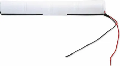 A single battery pack with two wires attached, isolated on a white background.