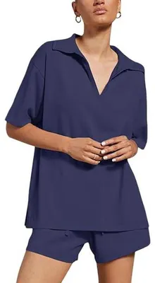 Produktbild von Damen Sommer-Dreiteiler Trainingsset Zweiteilig Casual Bequem Navy Blau L