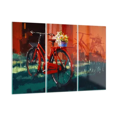 Produktbild von Bilder auf glas - Fahrrad Blumen - 105x70cm - Glasbilder - Wandbilder - Kunstdruck - zum Aufhängen bereit - Wanddekoration aus Glas - Glas Bilder - Wandbild auf Glas - 3 Teile - GCE105x70-3712