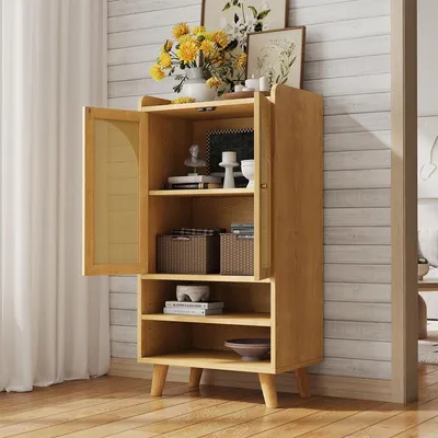 Obrázek produktu pro Příborník se 2 ratanovými dvířky a 2 otevřenými přihrádkami Úložná skříň Buffet do předsíně, obývacího pokoje Š60×H40×V121cm Natural