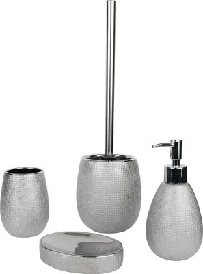 A set of four silver-colored bathroom accessories, including a soap dish, a toothbrush holder, a toilet brush holder with brush, and a soap dispenser, arranged on a white background.