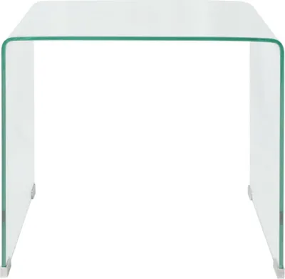 A clear, front-facing studio shot of a transparent glass coffee table.