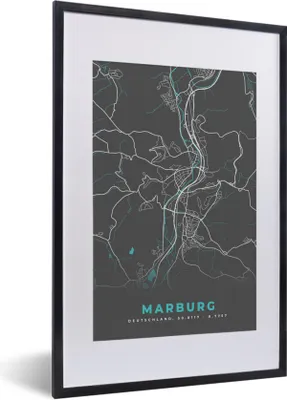 Produktbild von MuchoWow® Gerahmtes Poster Stadtplan - Karte - Marburg - Blau - Deutschland - Karte 40x60 cm - Poster mit Schwarzem Bilderrahmen Wandposter Rahmen Foto Bilder - Poster in Rahmen