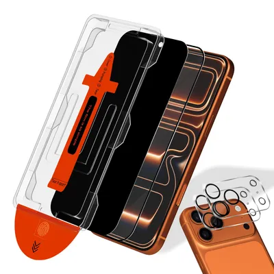 Zdjęcie produktu dla 2-pak iPhone 17 Pro Szkło ochronne na ekran (1 Privacy + 1 przezroczyste) & 2-pak ochrona obiektywu - Szkło hartowane | [Automatyczna instalacja] -