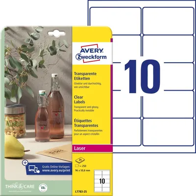 Image de Avery Zweckform L7783-25 Étiquettes transparentes, A4, 96 x 50,8 mm, 25 feuilles/250 étiquettes, transparent