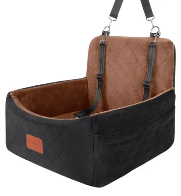 Productafbeelding van Autostoeltje voor kleine/middelgrote honden, draagbaar, met traagschuim, afneembaar, wasbaar, met 3 veiligheidsriemen, zwart/bruin, klein