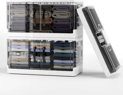 Zdjęcie produktu dla Uniqoos® Duża skrzynia do przechowywania z pokrywą – 172 L, zestaw 4 sztuk, składane pojemniki na kółkach, możliwość układania w stos, przezroczyste, do przechowywania ubrań, wymiary: 62 x 32 x 124 cm (dwukomorowe)