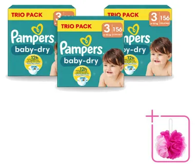 Zdjęcie produktu dla 3 sztuki pieluch dla niemowląt Pampers Baby-Dry, rozmiar 3, 6-10 kg - opakowanie ekonomiczne