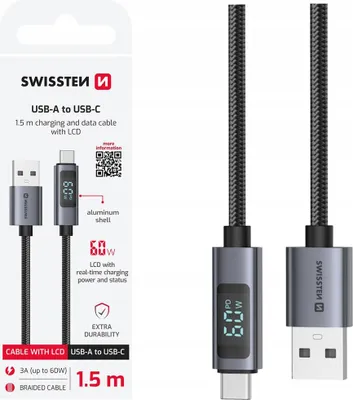 Obrázok produktu pre SWISSTEN USB-A / USB-C 1,5 m 60W PD nabíjací kábel s LCD displejom