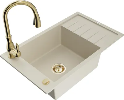 Image de Mexen Elias évier 1 bac en granit avec égouttoir et mélangeur Savita, Beige - 6511-69-672601-50