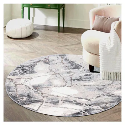 Produktbild von Runder Teppich 120 cm - Kurzflor - Weicher Teppich für Wohnzimmer und Esszimmer - Marmoroptik in Grau und Beige 120 x 120 cm