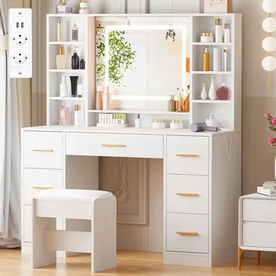 Image de Grande coiffeuse avec éclairage LED et prises de courant Blanc 140x100x40cm