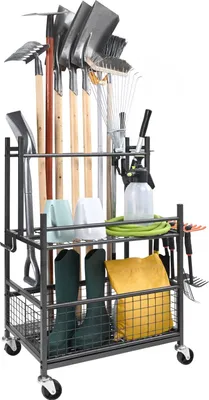 A multi-tiered storage rack for garden tools, filled with various gardening implements, boots, and a yellow cushion.