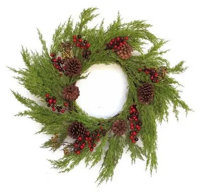 Produktbild von Kranz aus künstlichem Zypressenholz, Durchmesser 60 cm, mit Zapfen und Beeren