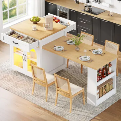 Produktbild von Ausziehbare Kücheninsel MDF-Küchenarbeitsplatte, moderner Küchenschrank mit 2 Schubladen und verstellbaren Einlegeböden, Sideboard mit LED-Beleuchtung