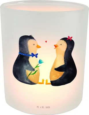 Produktbild von Mr. & Mrs. Panda Kerzenhalter Pinguin Pärchen - Transparent - Geschenk, Pinguine, Glas Windlicht, Teelichthalter, Liebe, Verknallt, Hochzeitsgeschenk