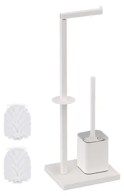 Immagine prodotto di Set da bagno Relaxdays, L x P x A: 67,5 x 20 x 15,5 cm, metallo, portarotolo da appoggio, scopino, portarotolo di ricambio, bianco