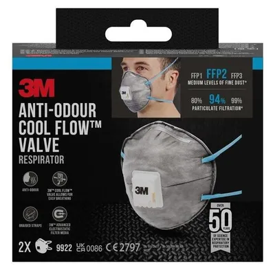 Produktbild von 48x 3M™ Cool Flow™ Partikelmaske 9922, FFP2, geruchshemmend, mit Ventil, 2er-Pack | Packung (6 Stück)