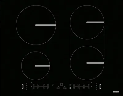 A black induction cooktop with four heating zones and control panel.