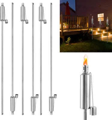 Produktbild von XMTECH 12 Stück Öl Gartenfackeln Edelstahl 115 cm Hoch Ölfackeln Flammenfackel Nachfüllbar Outdoor Fackeln Auslaufsicherer Verschluss, Silber