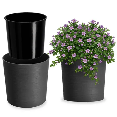 Produktbild von KADAX Blumentopf Blumentopf 30cm Abdeckung mit Einsatz Blumenständer Kunststoff Graphit