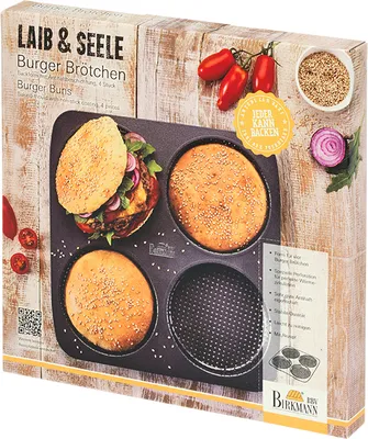 Produktbild von BIRKMANN 4er Burger Brötchenblech, B 28 x L 28 cm, Kohlenstoffstahl, antihaftbeschichtet, inkl. Rezept, 2