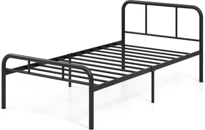 A black metal bed frame with a headboard and footboard, shown from a diagonal angle against a white background.