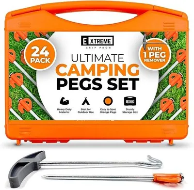 Produktbild von Famanu Campingheringe Set - Galvanisierte Stahlheringe mit Heringzieher - 24 Stück 20 cm - Leuchtendes Orange