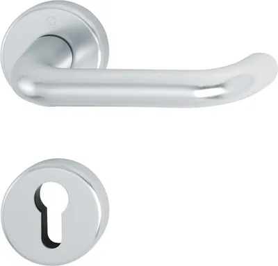 A silver door handle and a matching keyhole escutcheon are shown against a white background.