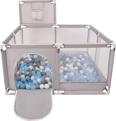 Produktbild von Selonis laufstall mit korb und 100 bälle bälle laufgitter für kinder, grau:grau/weiß/transparent/babyblue