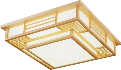 A square, wooden ceiling light fixture with a Japanese design.