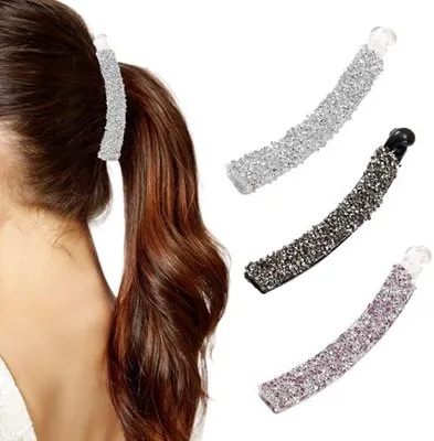Productafbeelding van 3 banaanclips met strass en parels, antislip paardenstaartclips in een visstaartdesign, modieuze haarclips voor dames, geschikt voor zowel dik als fijn haar