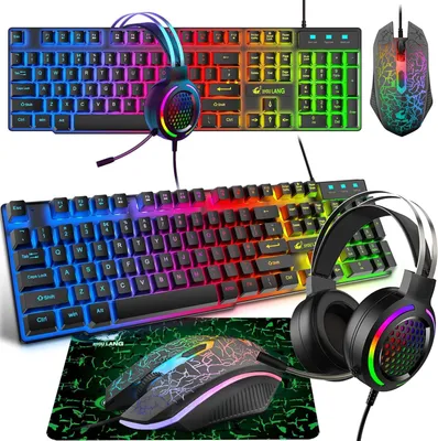 Produktbild von Gaming Tastatur Headset & Maus Set, 104 Tasten Rainbow Backlit UK Layout Tastatur 2400DPI Maus 7.1 Surround Sound RGB Leichte Waben Headset Mauspad