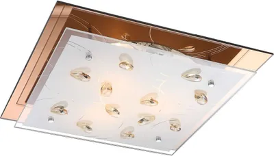 A square ceiling light fixture with multiple glass elements and a mirrored copper-colored frame.