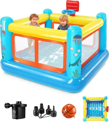 Immagine prodotto di Castello gonfiabile per bambini dai 3 ai 6 anni, realizzato in PVC resistente agli strappi, con piscina di palline rimovibile e canestro da basket, 3 in 1