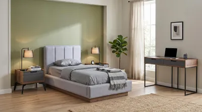 Image de Ensemble chambre à coucher élégant : lit, 2 tables de chevet, bureau, style industriel, couleur gris