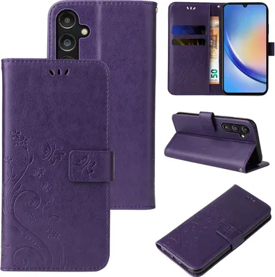 A collage of images showing a purple floral butterfly flip phone case from different angles.