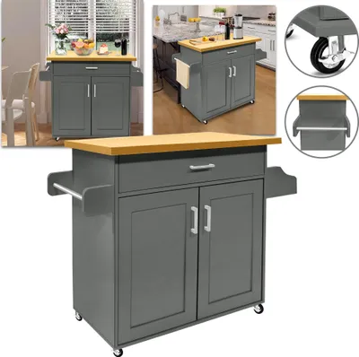 Image de UISEBRT Chariot de service Chariot de cuisine avec planche à épices & porte-serviettes & tiroir Chariot de cuisine sur roulettes Armoire de cuisine avec plan de travail en bois 115 x 36 x 90 cm Gris