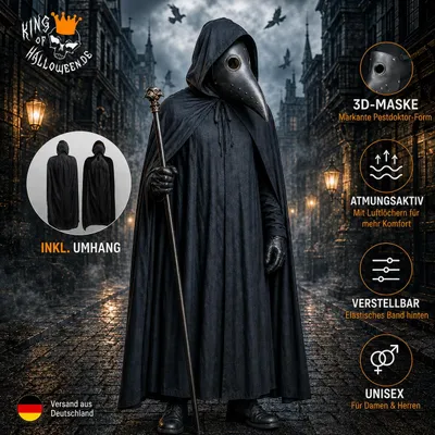 Produktbild von Pestdoktor Kostüm Set XS (80cm) mit 3D Schnabelmaske & schwarzem Kapuzenumhang – Uni Halloween Kostüm für Erwachsene & Jugendliche