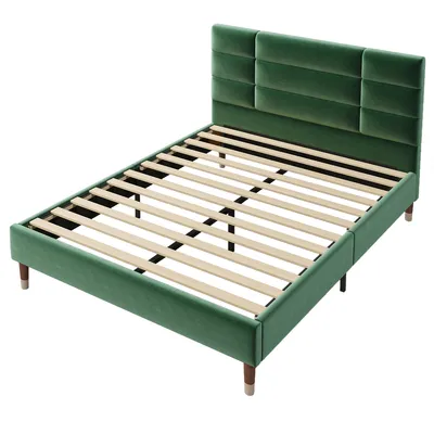 Produktbild von Polsterbett mit Lattenrost und Kopfteil in dunkelgrün Samt Doppelbett Erwachsenenbett 140x200cm