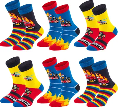 Produktbild von TippTexx 24 6 Paar Kinder Socken, handgekettelt, für Mädchen & Jungen, Feuerwehr, Größe 35-38