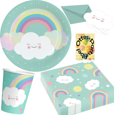 Produktbild von Rainbow-Regenbogen-Party-Set 68tlg. für 16 Gäste Teller Becher Servietten Einladungen