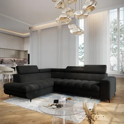 Produktbild von Masseno Ecksofa MORIVA Q L-S mit Schlaffunktion L-Form, Sofa mit Bettkasten, Wohnzimmersofa, Couch, Soffa, Bettsofa, Couchgarnitur- Schwarz, QUELLE 100