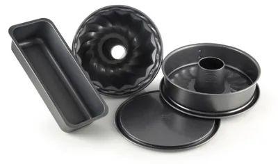 Produktbild von Dr. Oetker 4er Backformen-Set BACK-HARMONIE, Springform (Flach- und Rohrbodeneinsatz), Kastenform und Gugelhupfform, Kuchenformen mit keramisch verstärkter Antihaftbeschichtung,(Farbe: Grau) Menge: 1 x 4er-Set