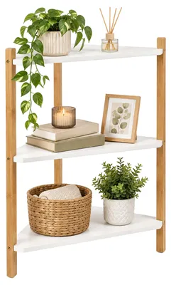 Obrázok produktu pre Relaxdays, rohová polica, rozmer (výška x šírka x hĺbka): 60 x 46 x 25 cm, 3 police, stojaca polica do obývačky alebo kúpeľne, materiál: MDF, bambus, rohová polica, farba: biela/prírodná, Obrázok generovaný UI