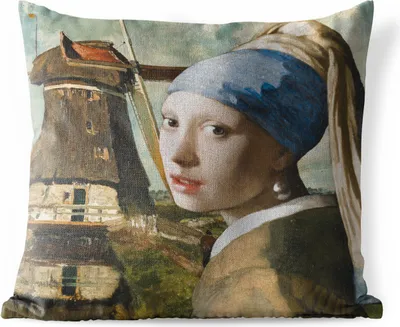 Produktbild von MuchoWow® Outdoor Kissen - Das Mädchen mit dem Perlenohrring - Vermeer - Windmühle - 45x45 cm - Wetterfest - Lounge Kissen - Fotokissen - Dekoratives Kissen