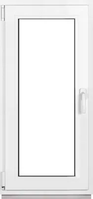 A white window frame with a clear glass pane, set against a white background.
