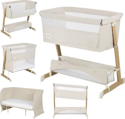 A collage of different views and configurations of a baby crib/bassinet.