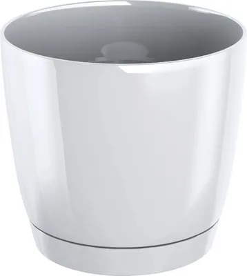 A white plastic plant pot with a saucer, shown from a front-facing angle against a white background.